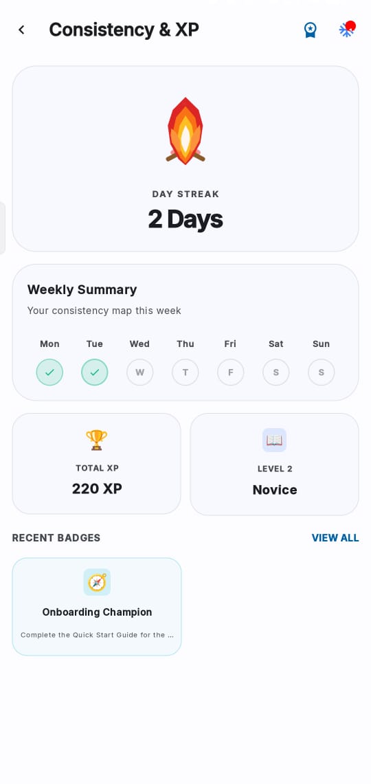 Consistency Streaks & XP Screen