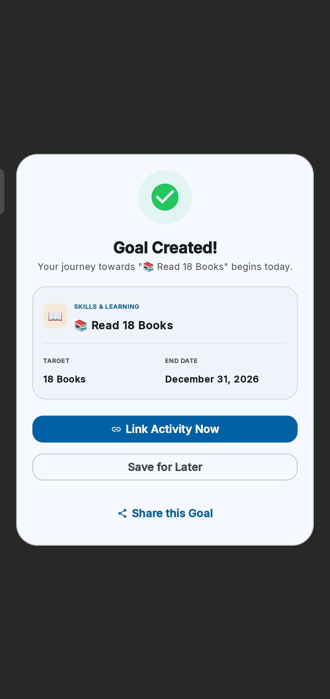 Goal Created Confirmation Screen